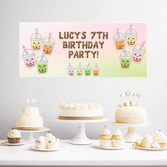 Personalised Bubble Tea Party Banner – Satin Paper Wall Decor for Bubble Tea Themed Birthdays