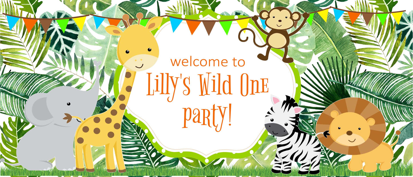 Jungle Safari Birthday Banner, Birthday Party Wall decor in satin paper