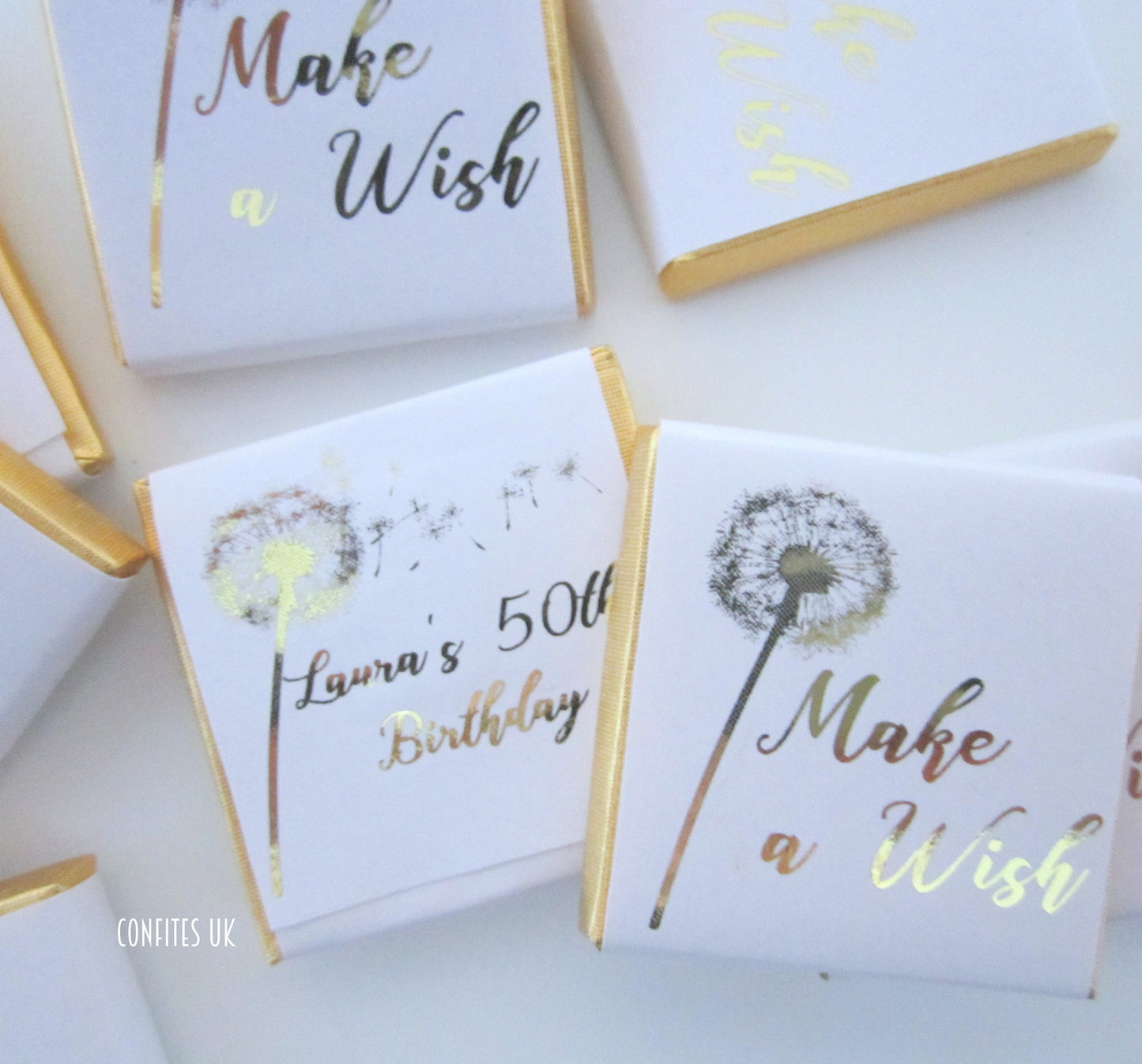 Make A Wish Dandelion Personalized Chocolate Favours – White and Gold Birthday Chocolates (25 pcs)