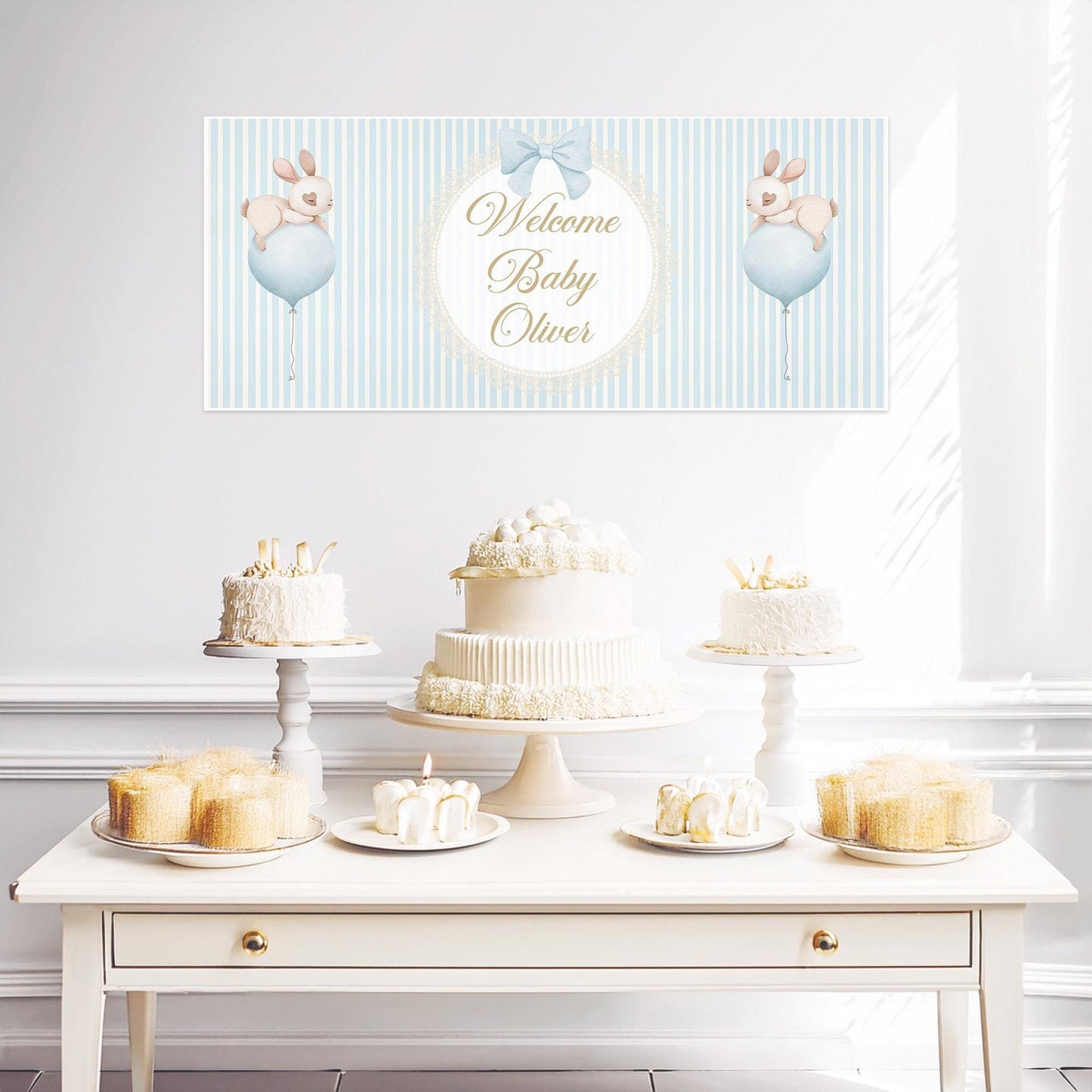 Welcome Baby Boy Personalised Banner in Pastel Blue – Custom Baby Shower Wall Decor in Satin Paper