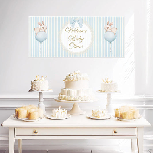Welcome Baby Boy Personalised Banner in Pastel Blue – Custom Baby Shower Wall Decor in Satin Paper