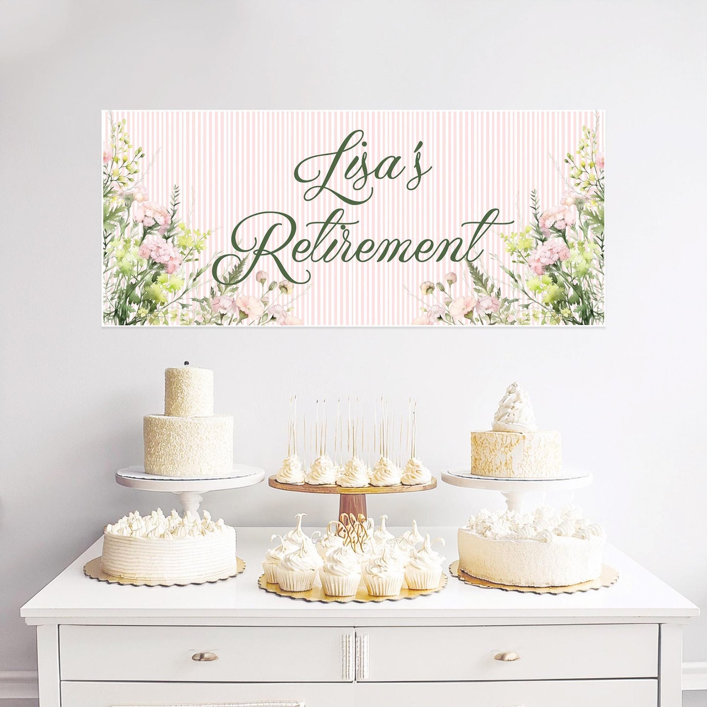 Floral Retirement Party Banner – Personalised Satin Paper Wall Decor