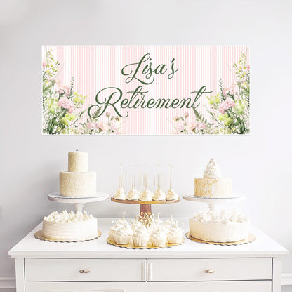 Floral Retirement Party Banner – Personalised Satin Paper Wall Decor