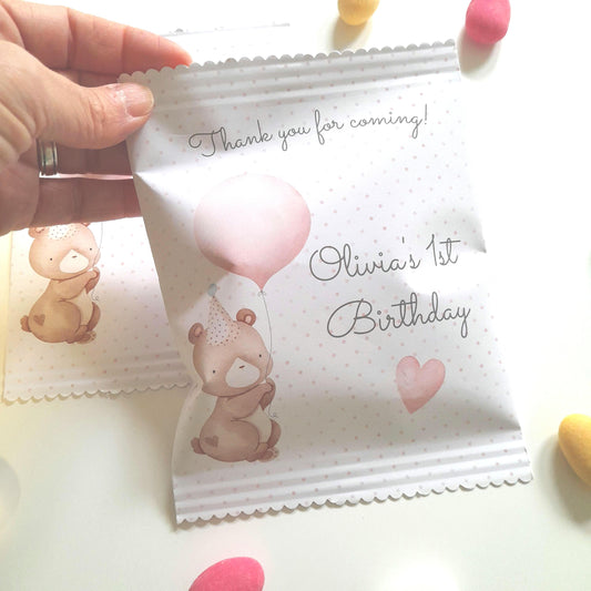 Baby Bear Girl 1st Birthday personalized party bags, baby bear Paper bags for favours, pack of 10