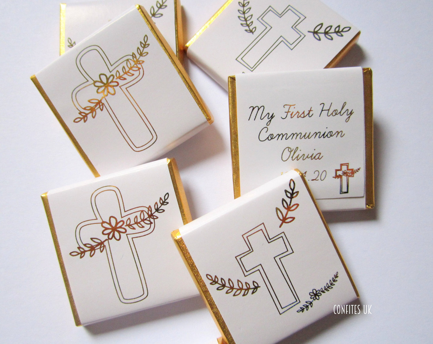 Personalized First Communion Chocolate Favours – Elegant White and Gold Cross, Party Favors & Guest Gifts, Pack of 25