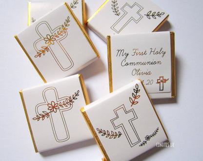 Personalized First Communion Chocolate Favours – Elegant White and Gold Cross, Party Favors & Guest Gifts, Pack of 25