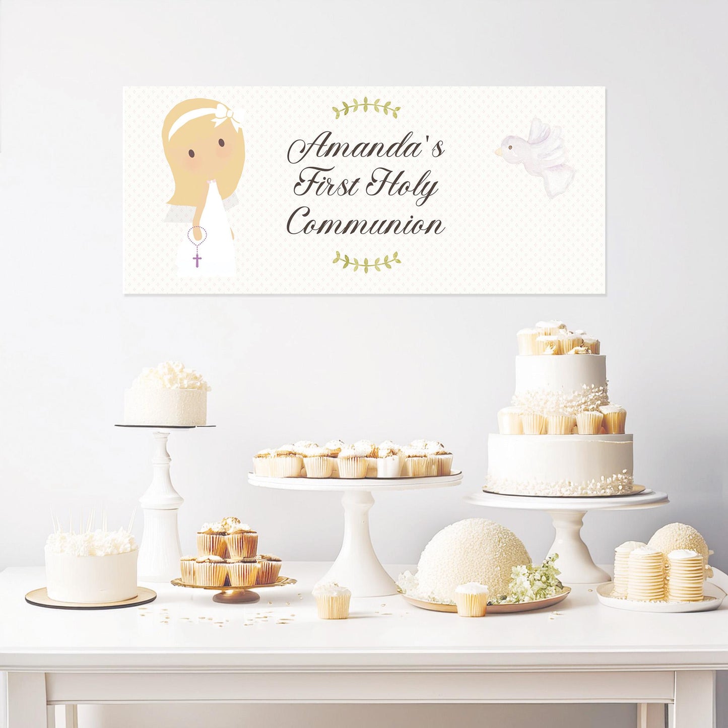 Personalised 1st Communion Banner for Girls with White Bow – Satin Paper Wall Party Decor