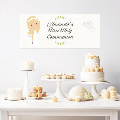 Personalised 1st Communion Banner for Girls with White Bow – Satin Paper Wall Party Decor