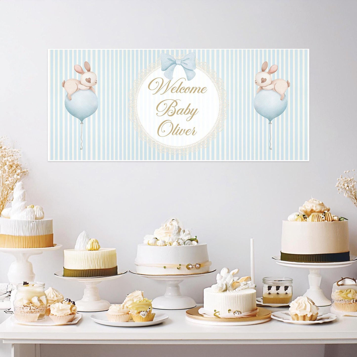 Welcome Baby Boy Personalised Banner in Pastel Blue – Custom Baby Shower Wall Decor in Satin Paper