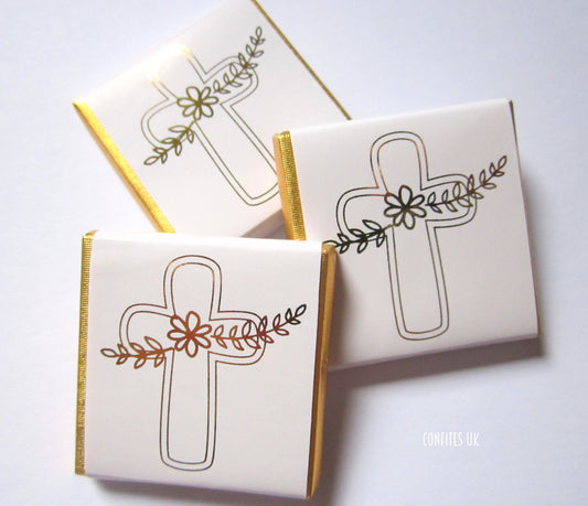 Personalized First Communion Chocolate Favours – Elegant White and Gold Cross, Party Favors & Guest Gifts, Pack of 25