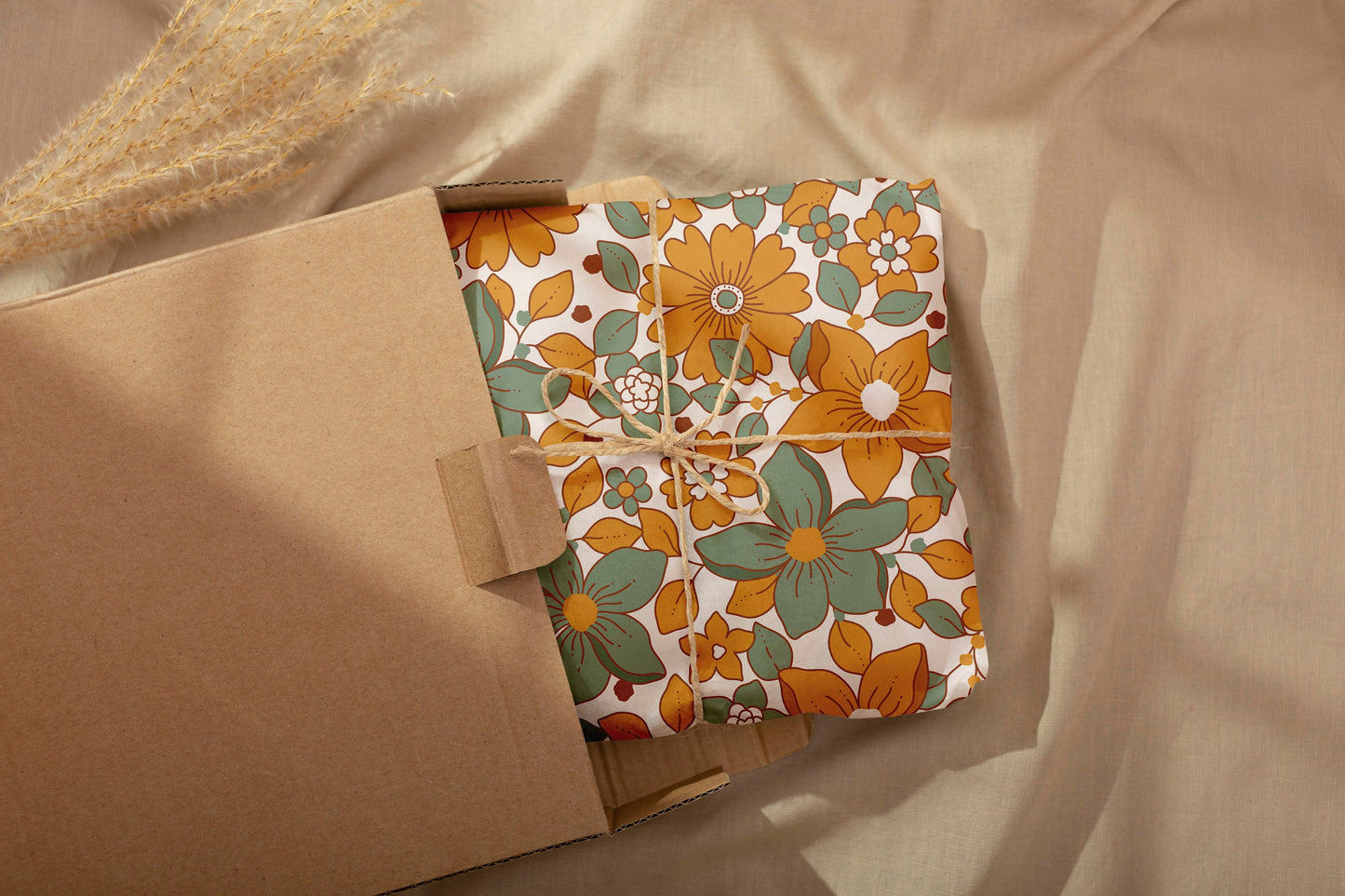 70s Florals Gift Paper Sheet – Green and Orange, Large Size, Retro Floral Wrapping