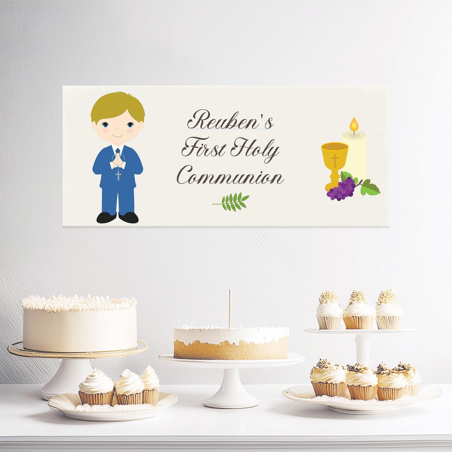Personalised 1st Communion Banner for Boys in Blue Suit – Satin Paper Wall Party Decor