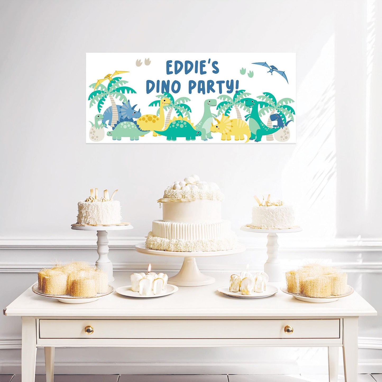 Personalised Dinosaur Birthday Banner – Custom Satin Paper Wall Decor for Dinosaur-Themed Parties