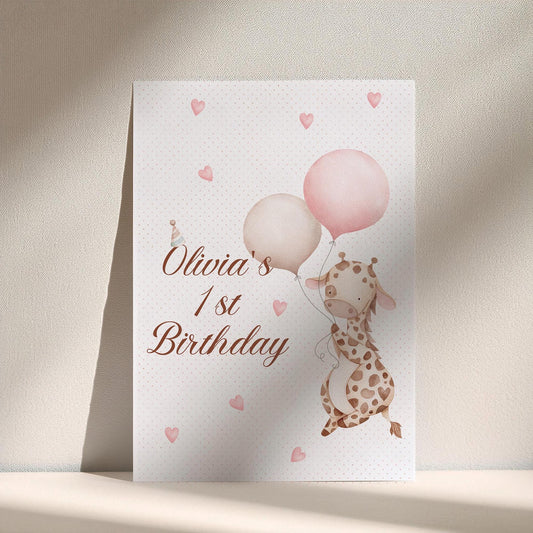 Personalised 1st Birthday Baby Giraffe Printed Sign – Custom Table Centrepiece, Unframed in Various Sizes for Party Decor