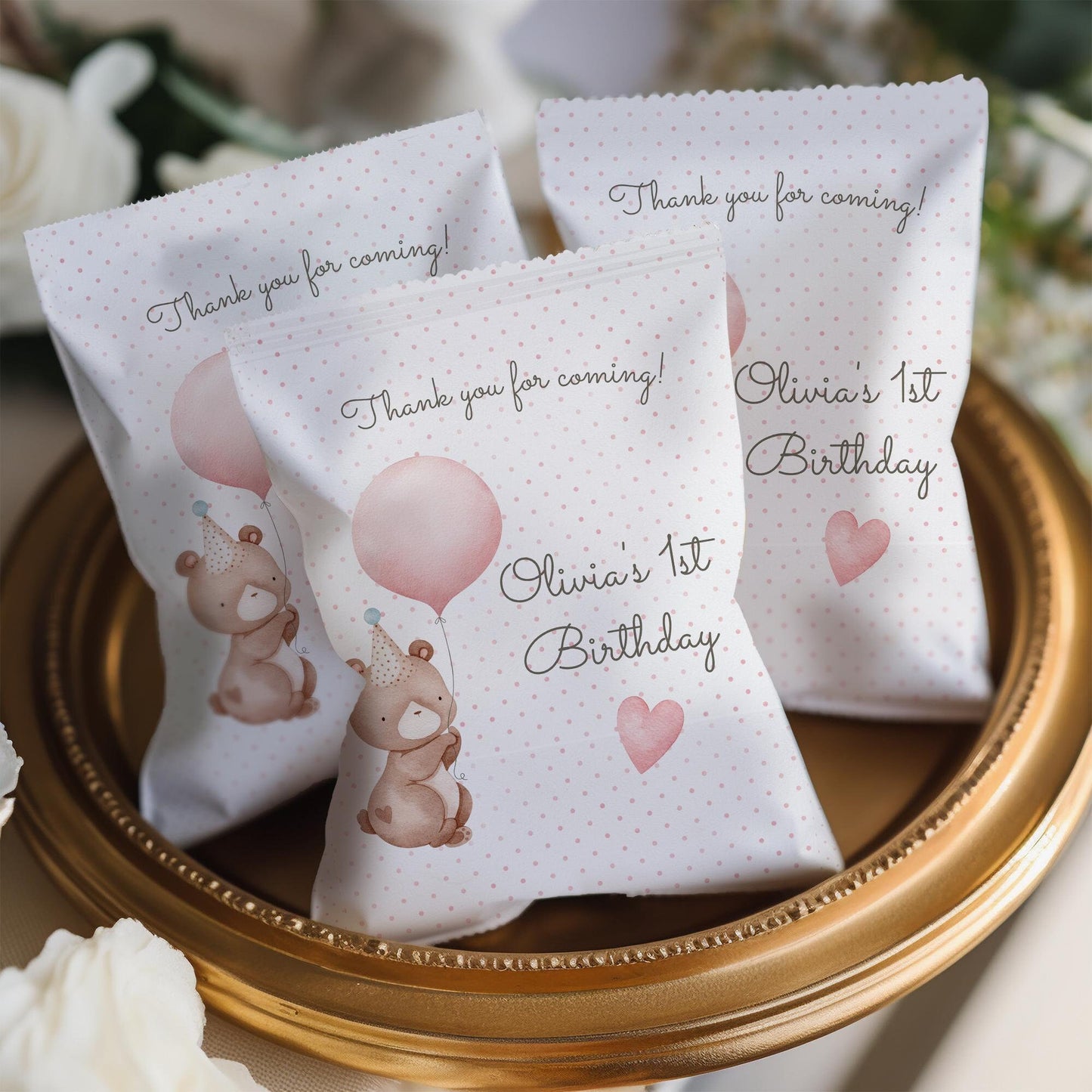 Baby Bear Girl 1st Birthday personalized party bags, baby bear Paper bags for favours, pack of 10