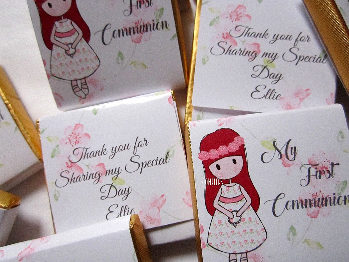1st Communion Girls Personalised Chocolate favours, Pink Roses, guests favours, pack of 25