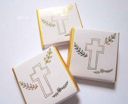 Personalized First Communion Chocolate Favours – Elegant White and Gold Cross, Party Favors & Guest Gifts, Pack of 25