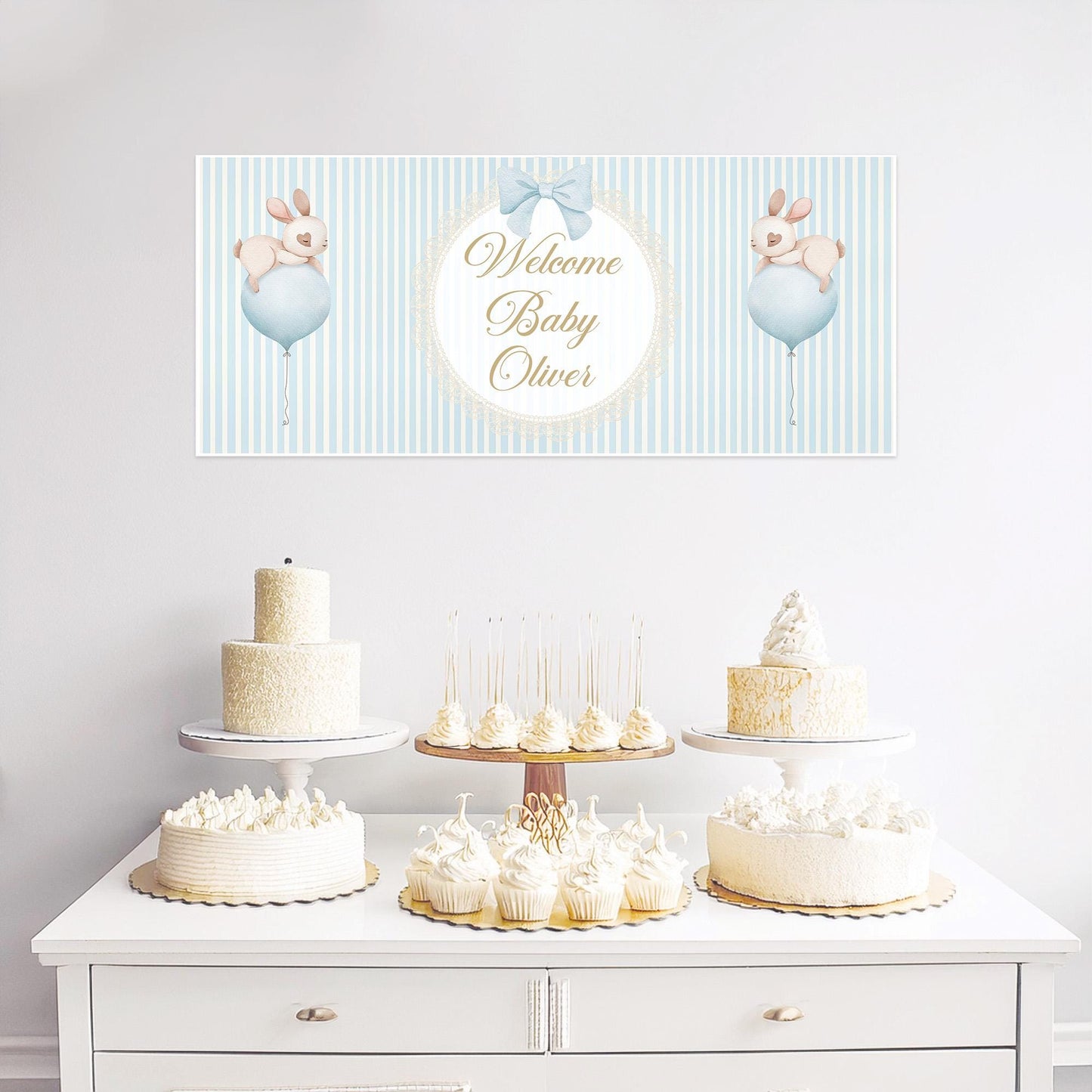 Welcome Baby Boy Personalised Banner in Pastel Blue – Custom Baby Shower Wall Decor in Satin Paper