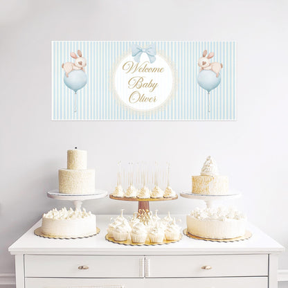 Welcome Baby Boy Personalised Banner in Pastel Blue – Custom Baby Shower Wall Decor in Satin Paper