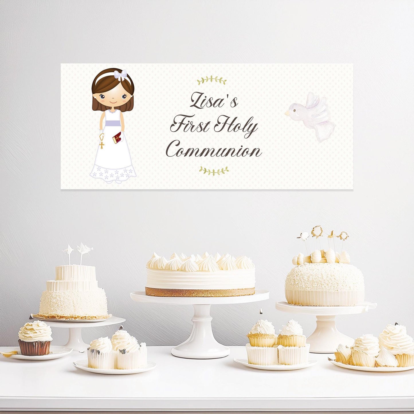 Personalized 1st Communion Banner for Girls in White Dress – Satin Paper Wall Party Decor