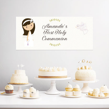 Personalised 1st Communion Banner for Girls with White Bow – Satin Paper Wall Party Decor