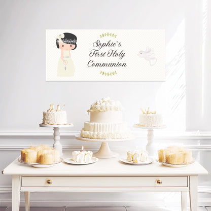 Personalised 1st Communion Banner for Girls with Short Hair – Satin Paper Wall Party Decor