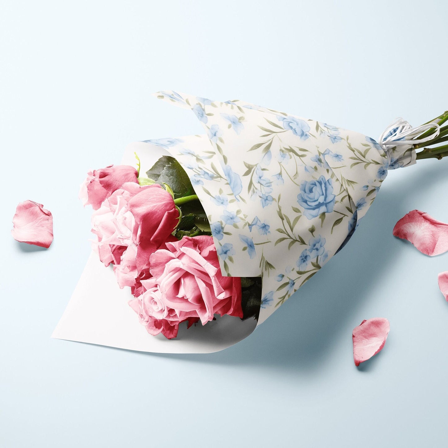 Blue Rococo Roses Gift Paper Sheet – Large Size Floral Wrapping Paper