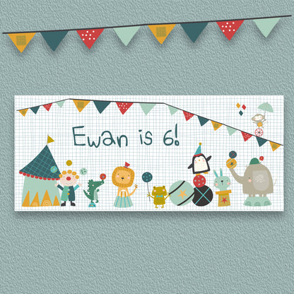 Cute Circus Personalised Birthday Banner – Custom Party Wall Décor in Satin Paper