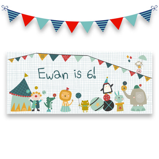Cute Circus Personalised Birthday Banner – Custom Party Wall Décor in Satin Paper
