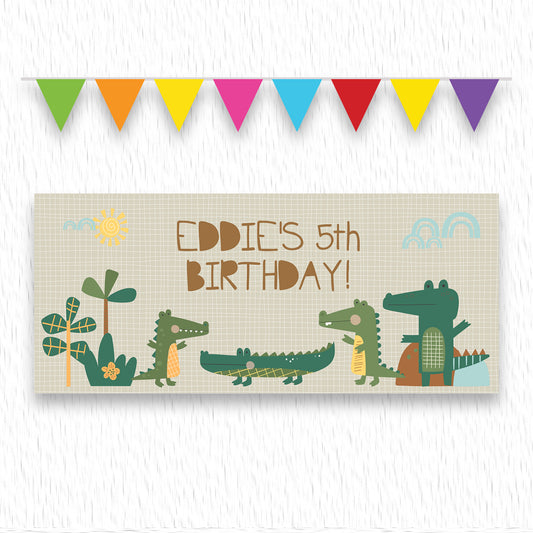 Personalised Alligator Birthday Banner – Custom Satin Paper Wall Decor for Jungle-Themed Parties