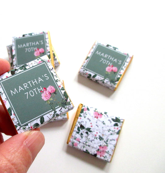 Personalized Birthday Chocolate Favours – Cottage Garden Green & Pink, Party Favours, Pack of 25