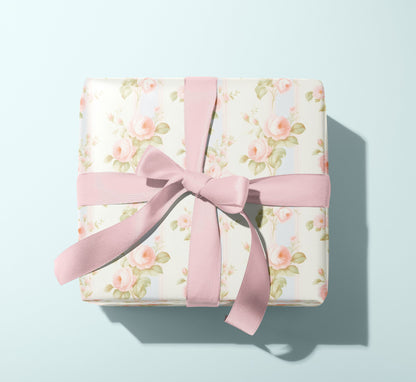 Retro Pastel Stripes and Flowers Gift Paper – Elegant Wrapping Paper Sheet (Large Size)