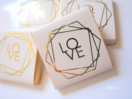 Wedding Love Personalized Chocolate Favours – Elegant White & Gold Geometric Design (Set of 25)