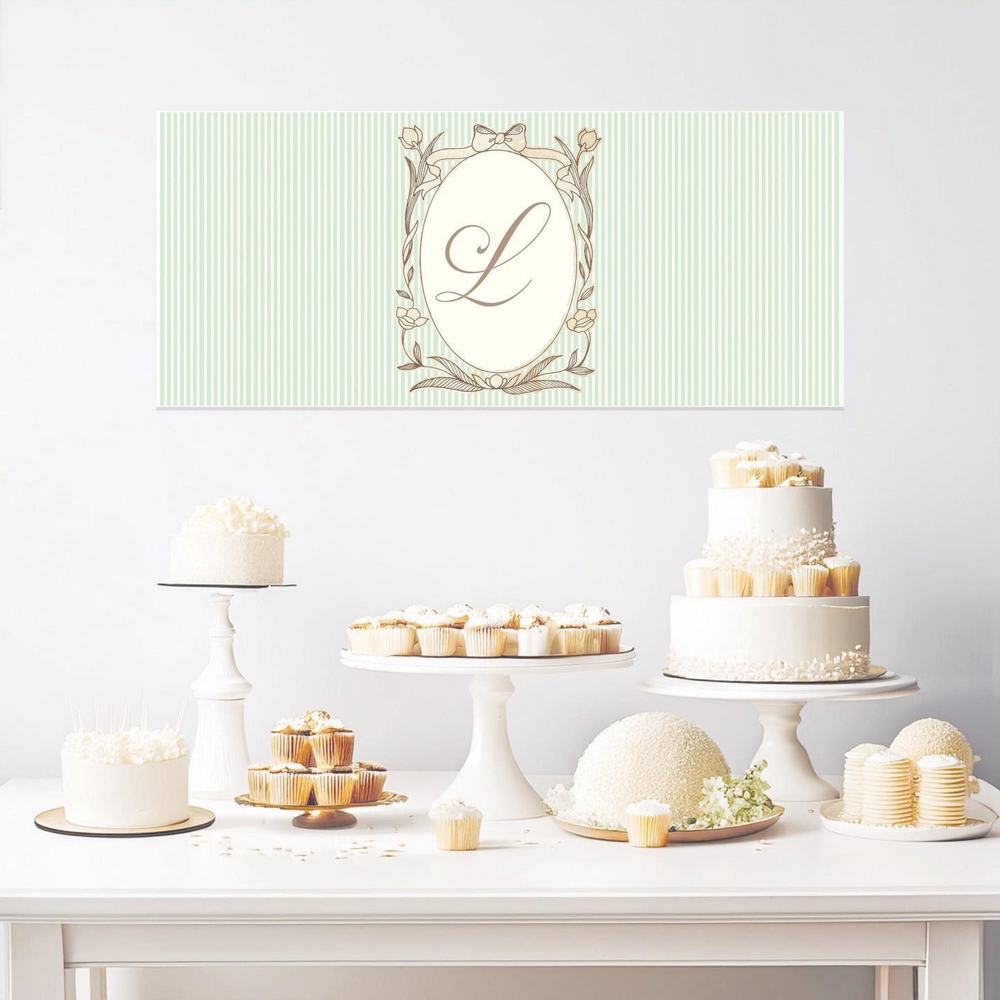 Personalised French Style Birthday Banner – Soft Green Stripes & Monogram Design
