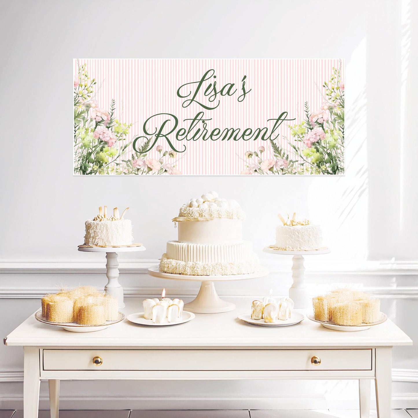Floral Retirement Party Banner – Personalised Satin Paper Wall Decor