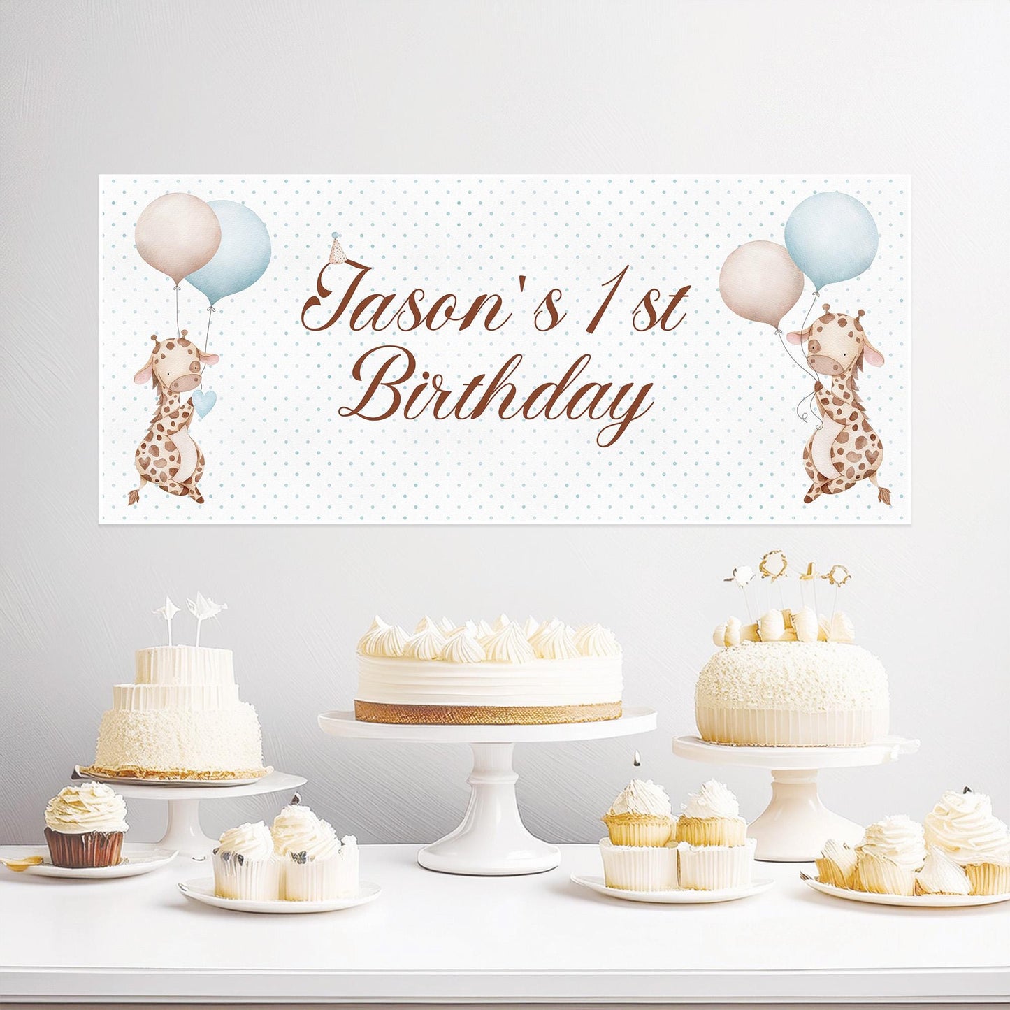 Personalised Baby Giraffe 1st Birthday Banner – Custom Boy’s Party Wall Decor in Satin Paper