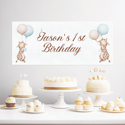 Personalised Baby Giraffe 1st Birthday Banner – Custom Boy’s Party Wall Decor in Satin Paper