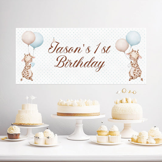 Personalised Baby Giraffe 1st Birthday Banner – Custom Boy’s Party Wall Decor in Satin Paper