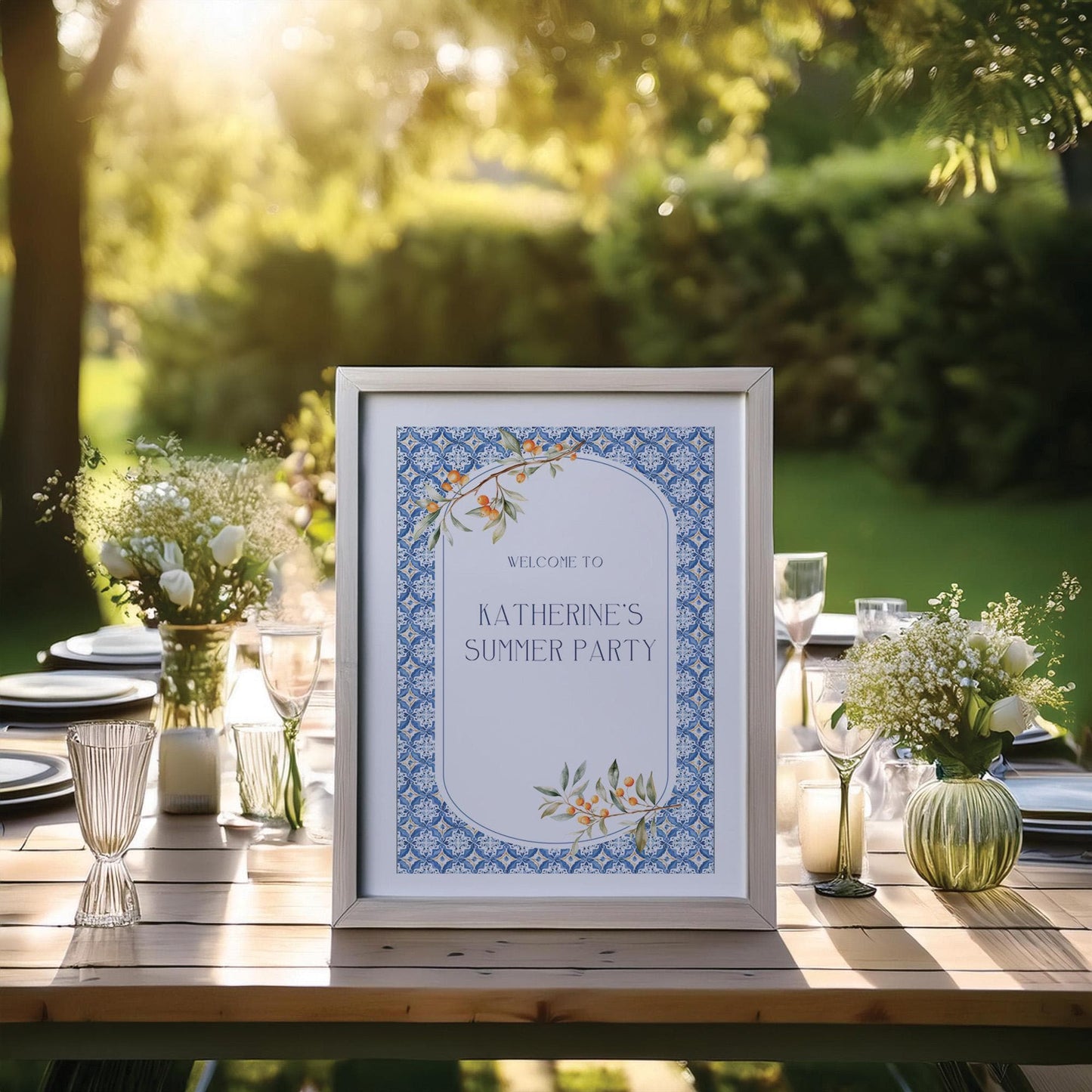 Custom Birthday Sign with Oranges and Blue Tiles – Personalised Printed Table Centrepiece, Unframed in Various Sizes