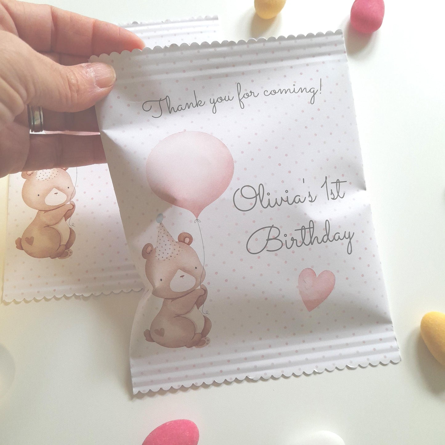 Baby Bear Girl 1st Birthday personalized party bags, baby bear Paper bags for favours, pack of 10