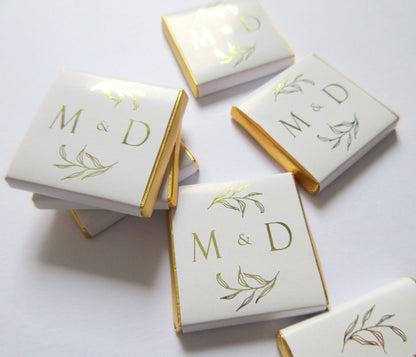 Personalized Wedding Chocolate Favours – Golden Leaves and Initials Design, White & Gold (Set of 25)