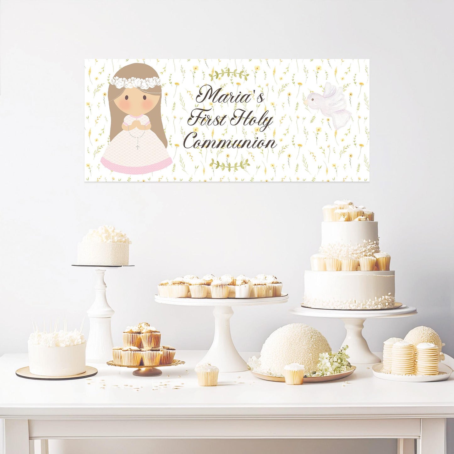 Custom First Communion Banner for Girls – Satin Paper Party Decoration