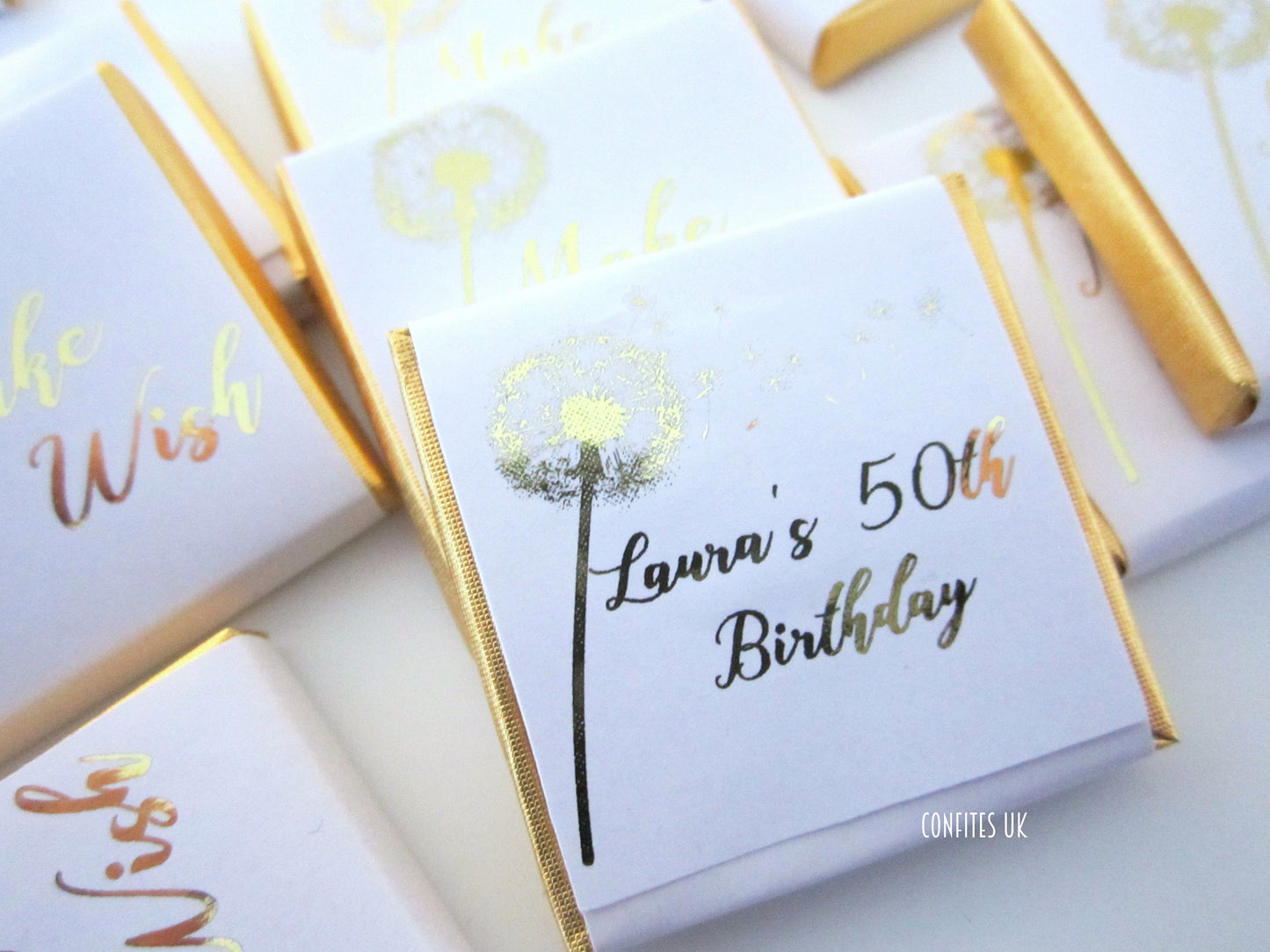 Make A Wish Dandelion Personalized Chocolate Favours – White and Gold Birthday Chocolates (25 pcs)