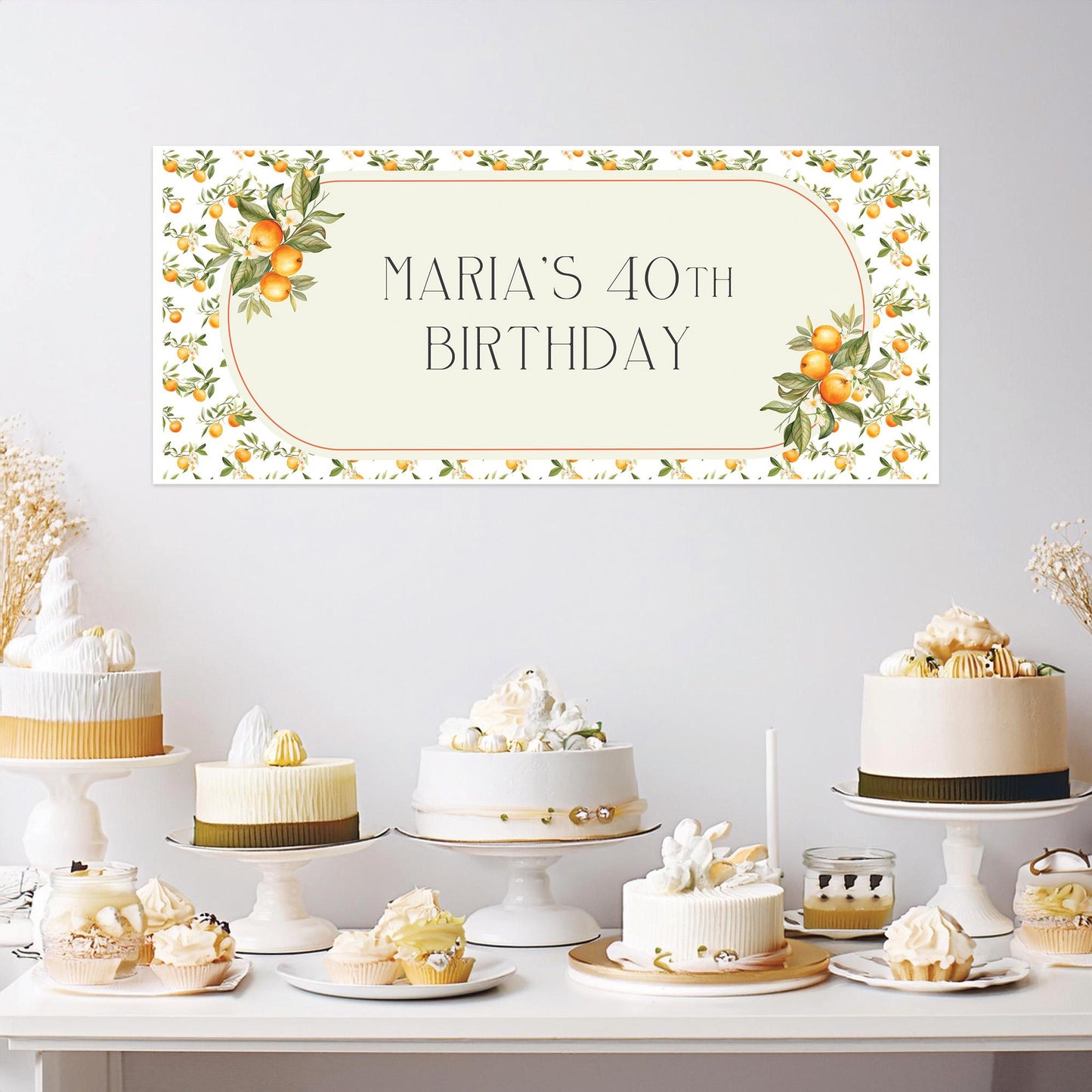 Personalised Mediterranean Oranges Birthday Banner – Custom Satin Paper Wall Decor for Any Occasion