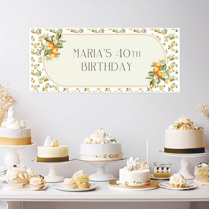Personalised Mediterranean Oranges Birthday Banner – Custom Satin Paper Wall Decor for Any Occasion