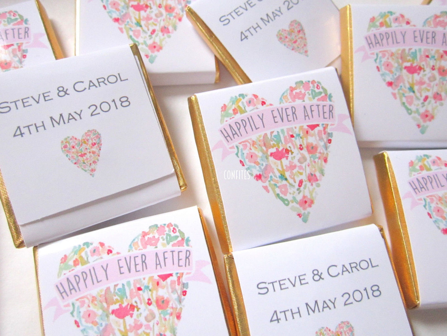 Personalized Floral Wedding Heart Chocolate Favours – Custom Guest Favours (Pack of 25)
