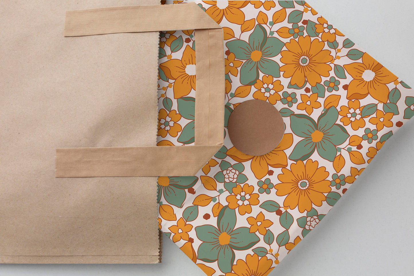 70s Florals Gift Paper Sheet – Green and Orange, Large Size, Retro Floral Wrapping