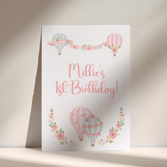 Personalised Hot Air Balloon 1st Birthday Welcome Sign – Custom Printed Table Centerpiece, Unframed in Various Sizes