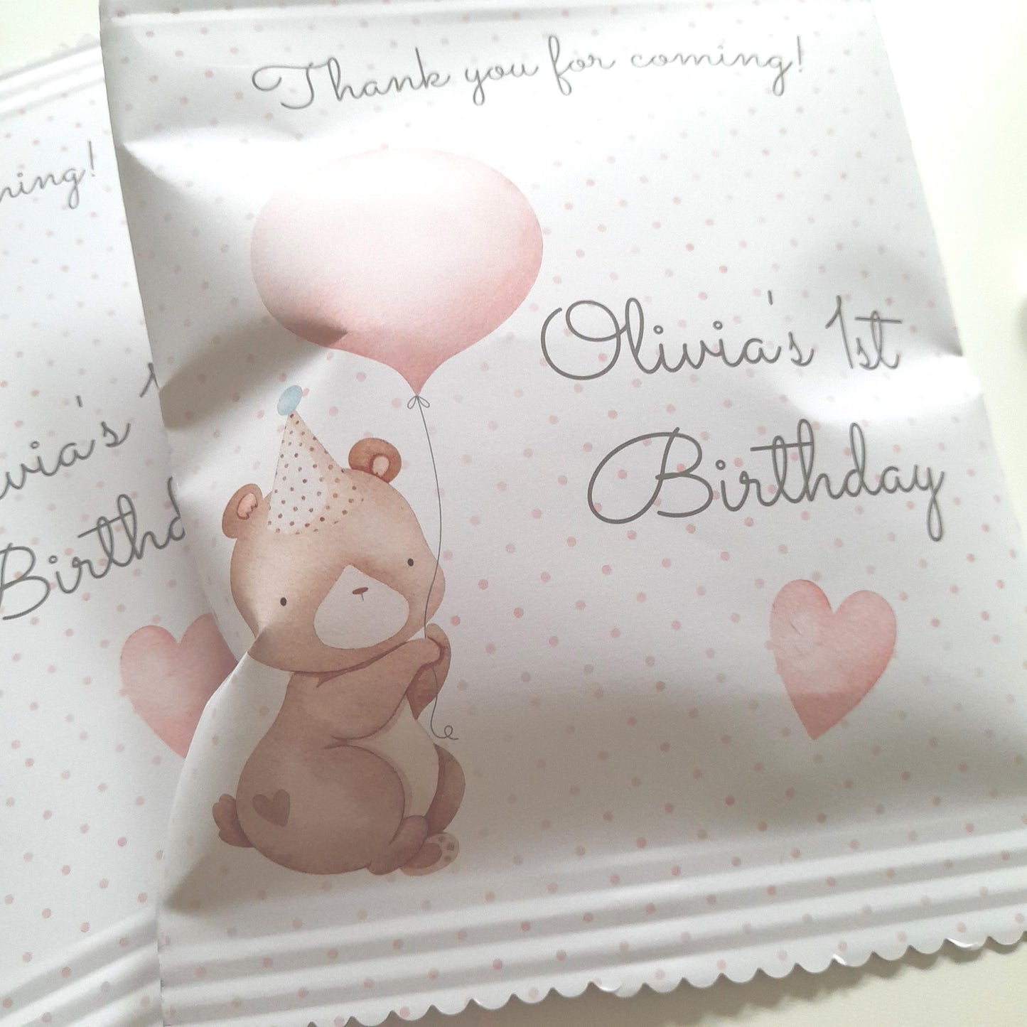Baby Bear Girl 1st Birthday personalized party bags, baby bear Paper bags for favours, pack of 10