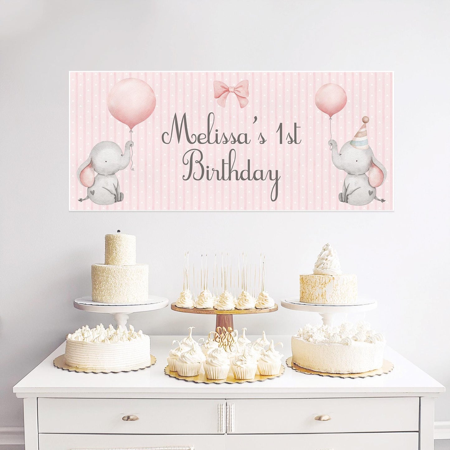Personalised 1st Birthday Banner Baby Elephant – Satin Paper Wall Decor for Girl's Birthday Party